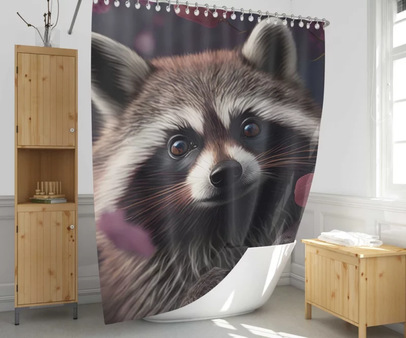 Mischievous Raccoon with Pink Flower Shower Curtain 1