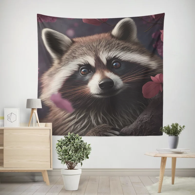 Mischievous Raccoon with Pink Flower Wall Tapestry