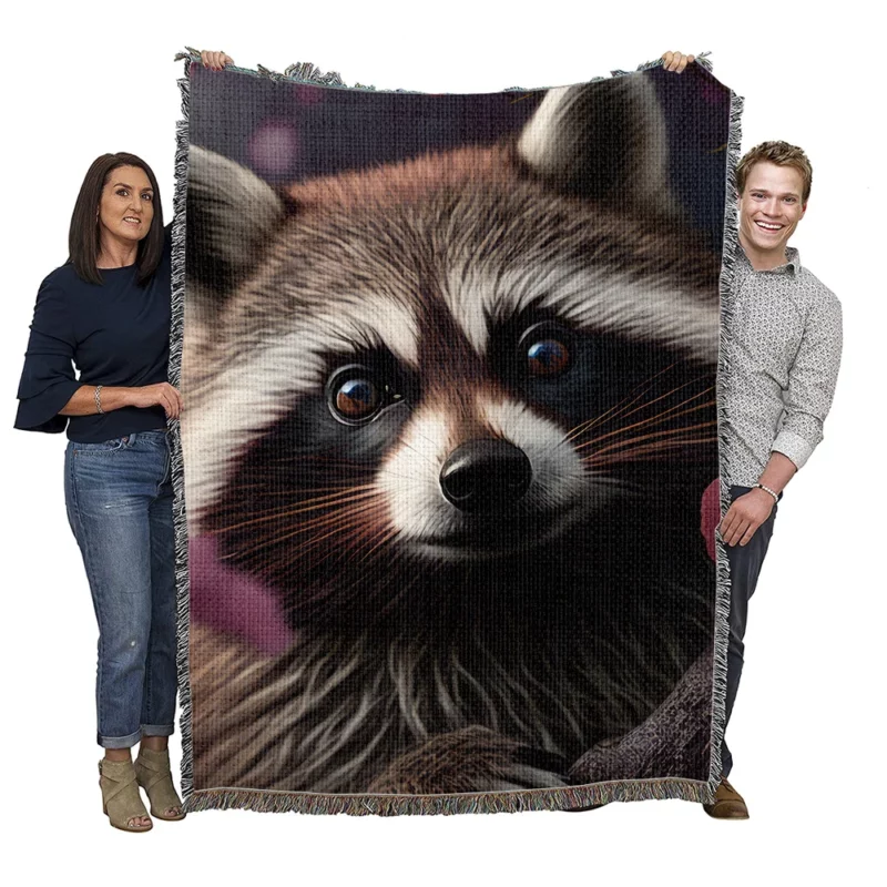 Mischievous Raccoon with Pink Flower Woven Blanket