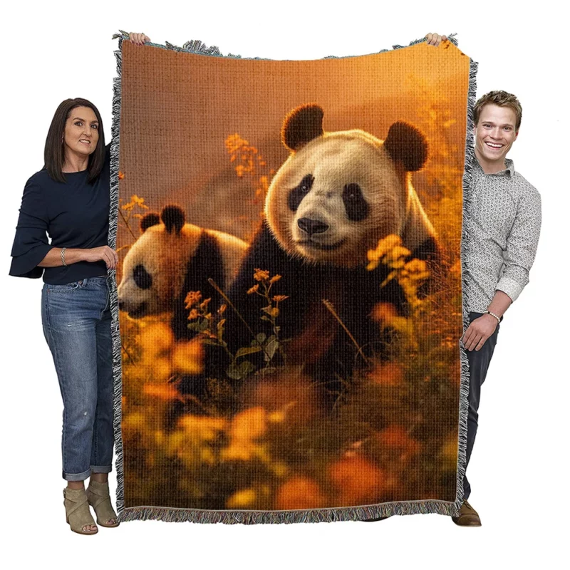 Mother Panda and Cub in Nature Woven Blanket