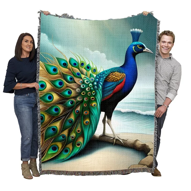Multicolored Beauty Displaying Peacock Feathers Woven Blanket