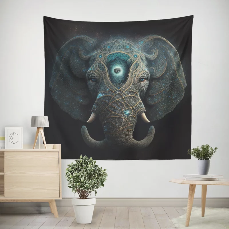 Mystical Elephant Head Illustration Wall Tapestry