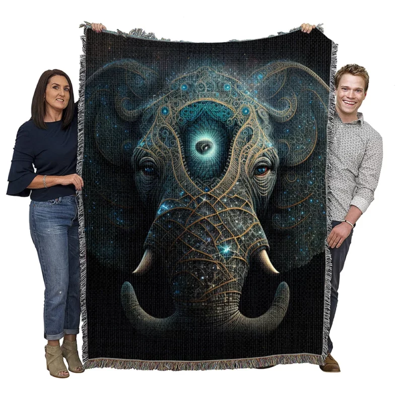 Mystical Elephant Head Illustration Woven Blanket