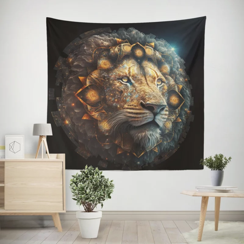 Mystical Lion Face Illustration Wall Tapestry