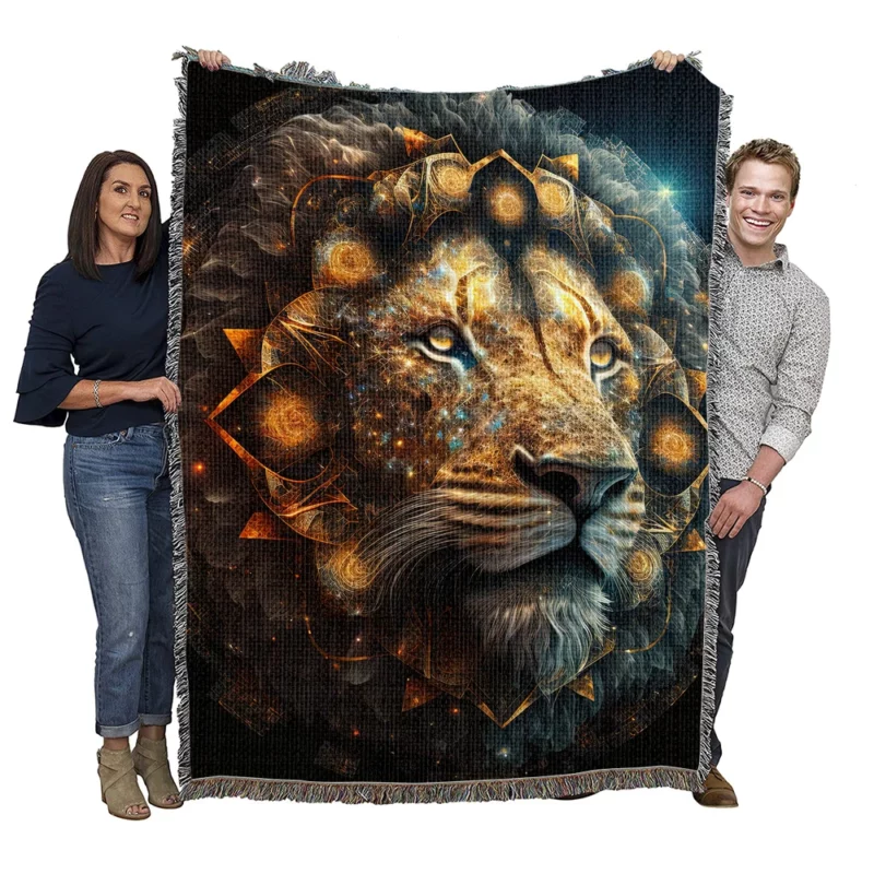 Mystical Lion Face Illustration Woven Blanket