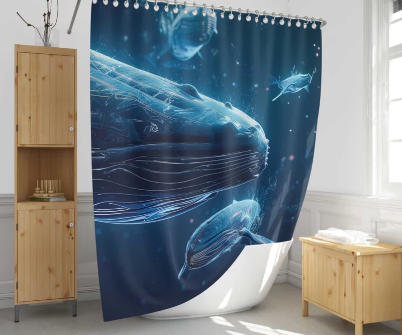 Neon Whales in Space Shower Curtain 1