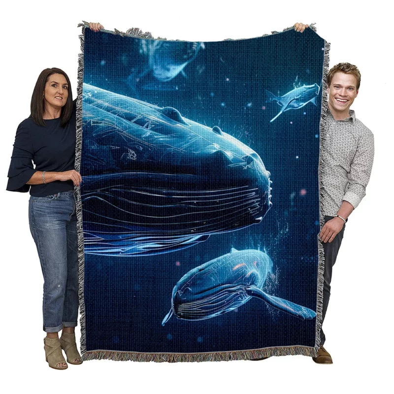 Neon Whales in Space Woven Blanket