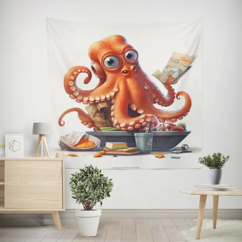 Octopus Cartoon Character Wall Tapestry