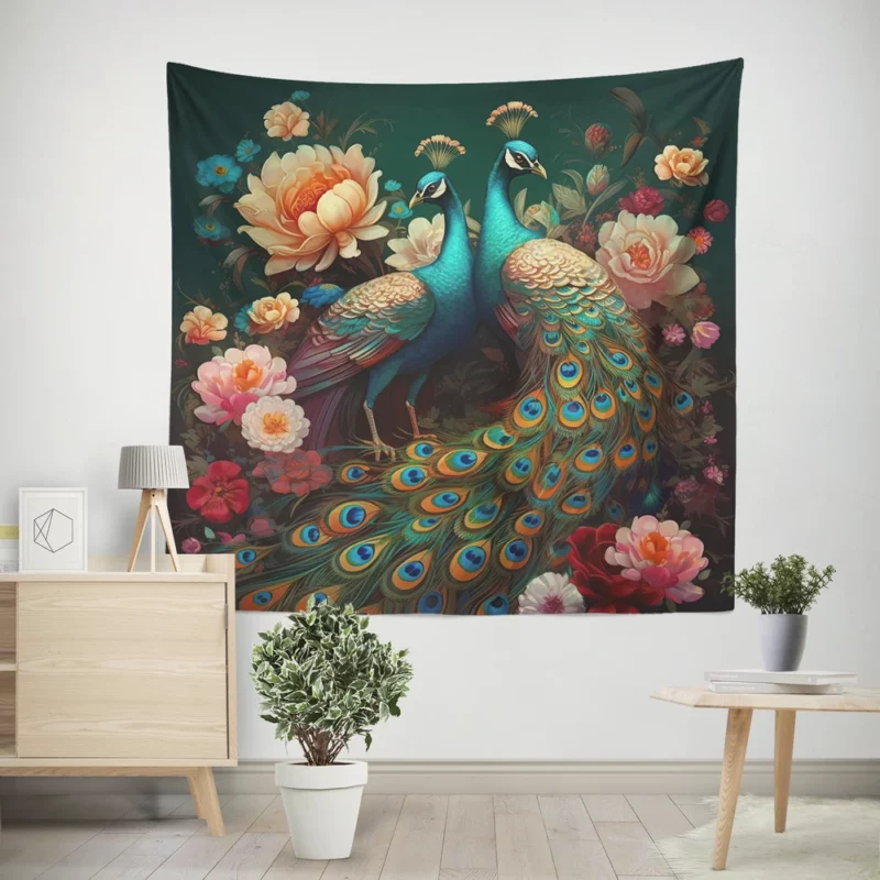 Oriental Exotic Peacock Floral Mural Wall Tapestry