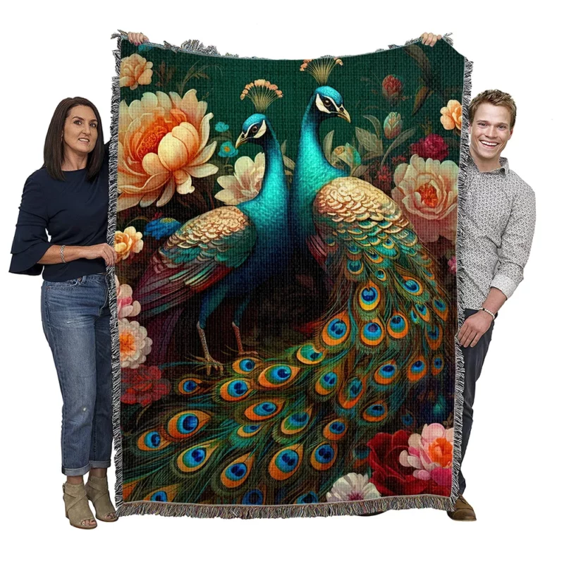 Oriental Exotic Peacock Floral Mural Woven Blanket