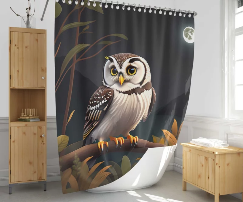 Owl Sitting on Branch Under Moon Shower Curtain 1