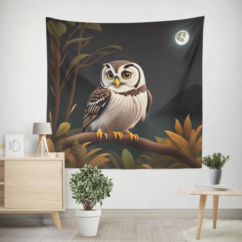 Owl Sitting on Branch Under Moon Wall Tapestry