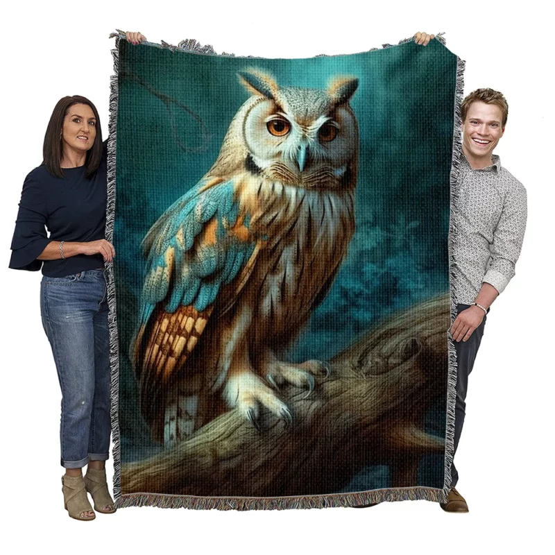 Owl Sitting on Tree Branch Woven Blanket