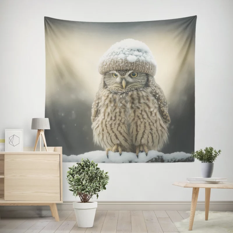 Owl Wearing Beanie Hat Wall Tapestry