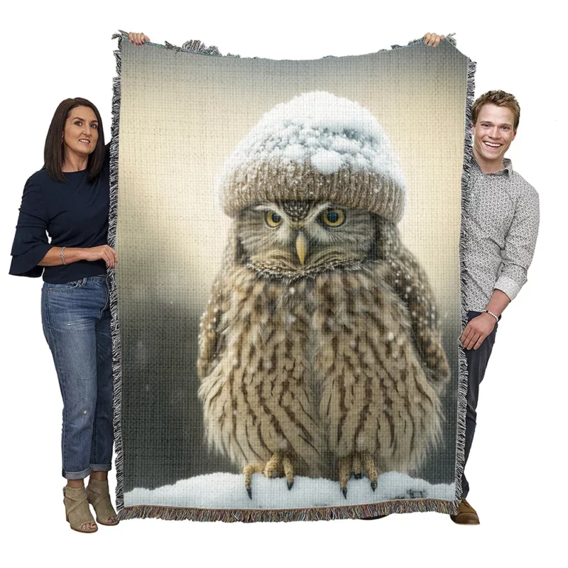 Owl Wearing Beanie Hat Woven Blanket