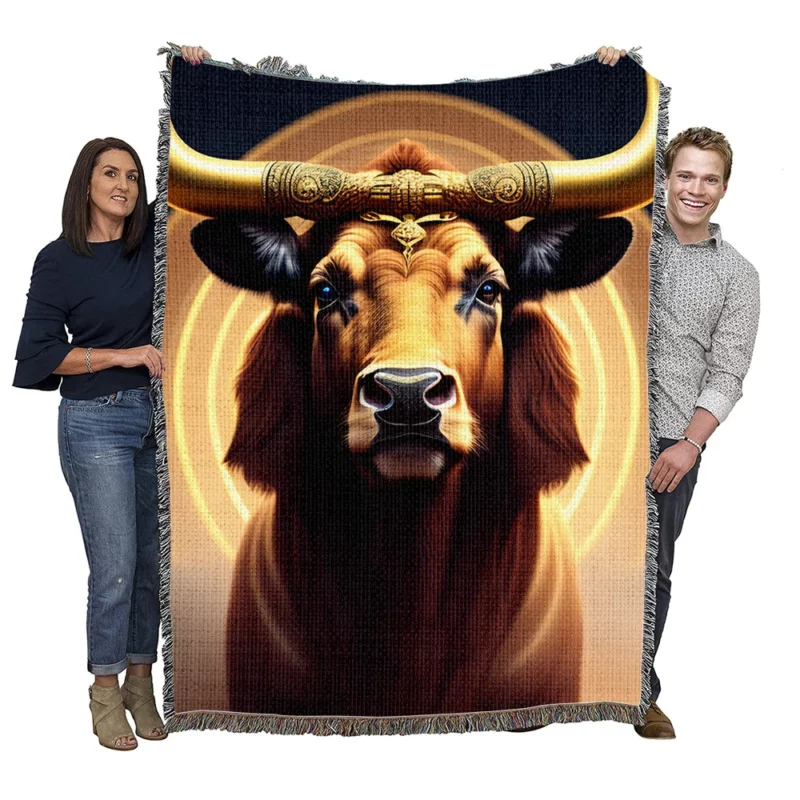 Painted Bull With Gold Ring Woven Blanket