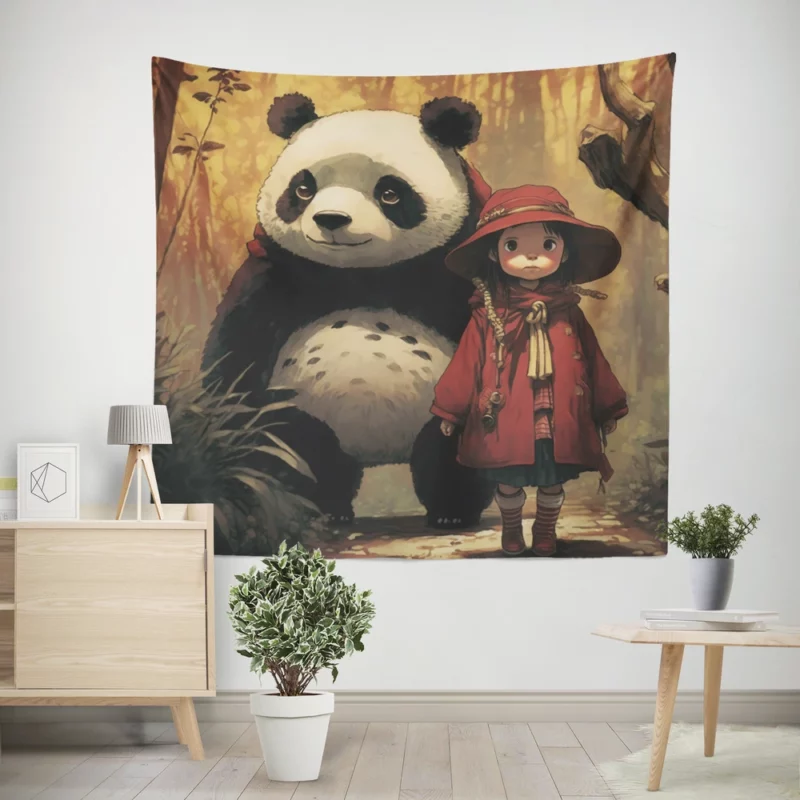 Panda Girl in the Forest Wall Tapestry