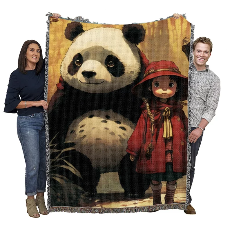 Panda Girl in the Forest Woven Blanket