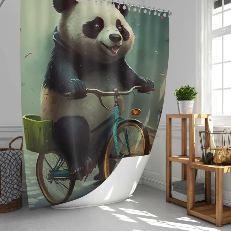 Panda Riding Bike in Rain Shower Curtain