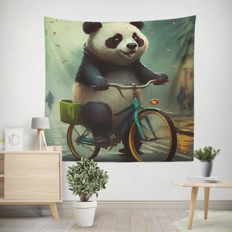 Panda Riding Bike in Rain Wall Tapestry