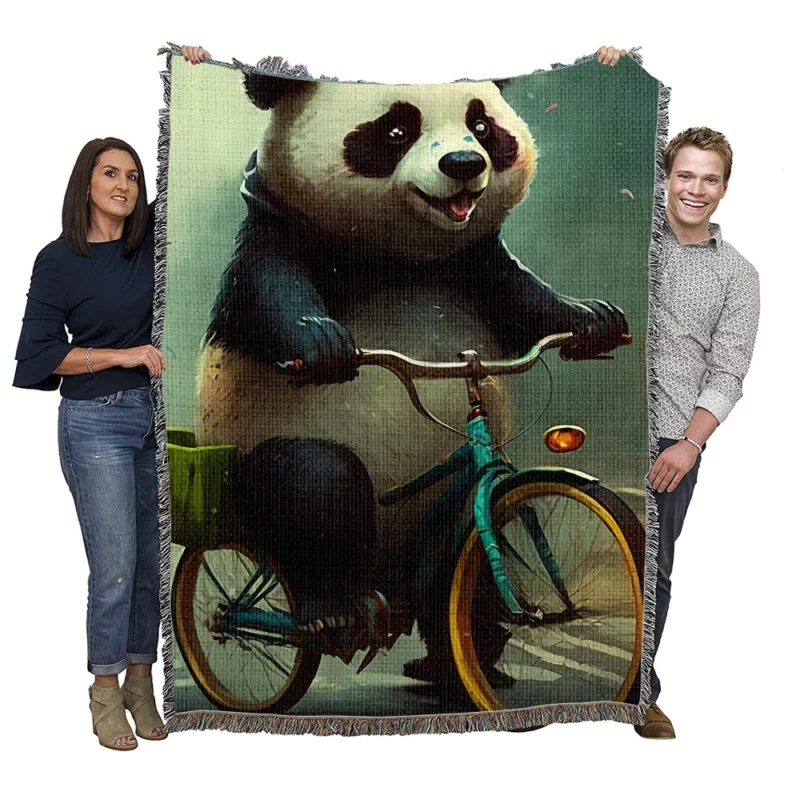 Panda Riding Bike in Rain Woven Blanket