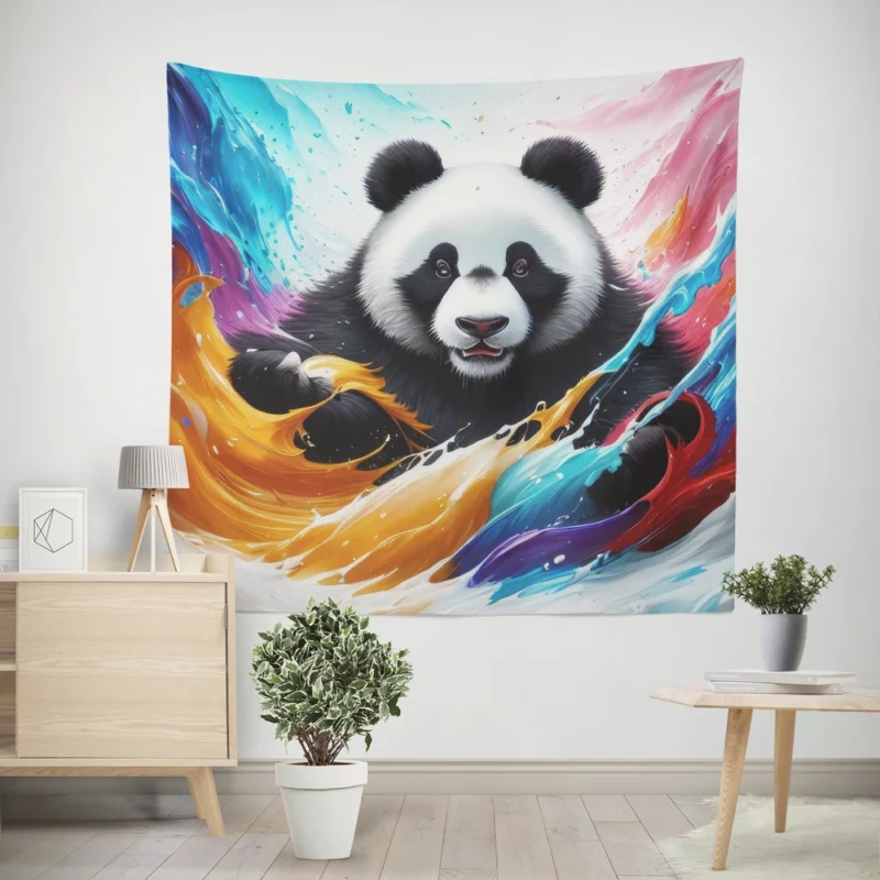 Panda and Waves Digital Art Wall Tapestry