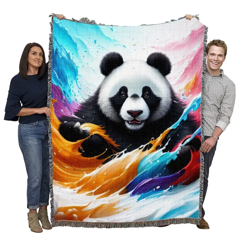 Panda and Waves Digital Art Woven Blanket