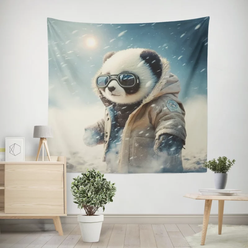 Panda in Snow Gear Wall Tapestry