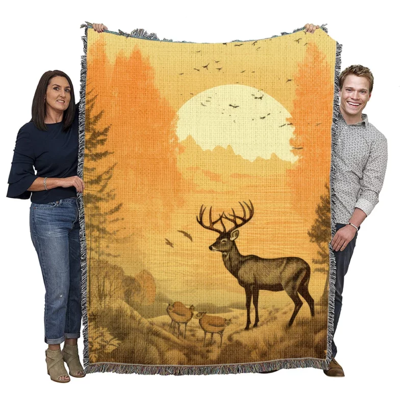 Pastoral Scene Two Deer & Ducks Woven Blanket