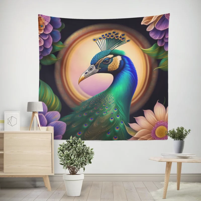 Peacock Amidst Flowers Wall Tapestry