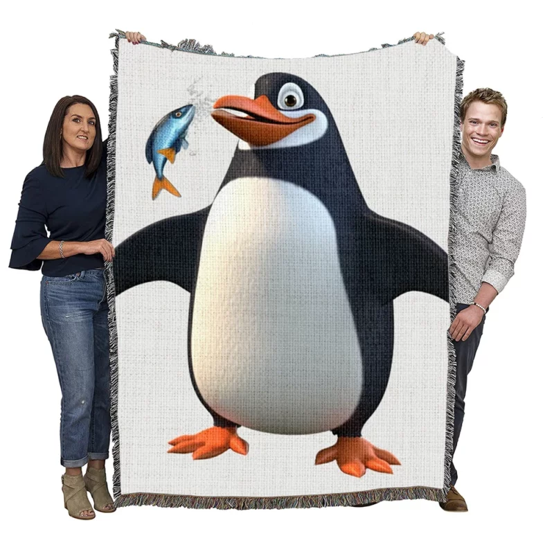 Penguin Holding a Fish Woven Blanket