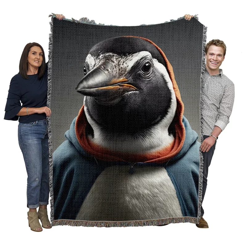 Penguin in an I Love Penguins Hoodie Woven Blanket