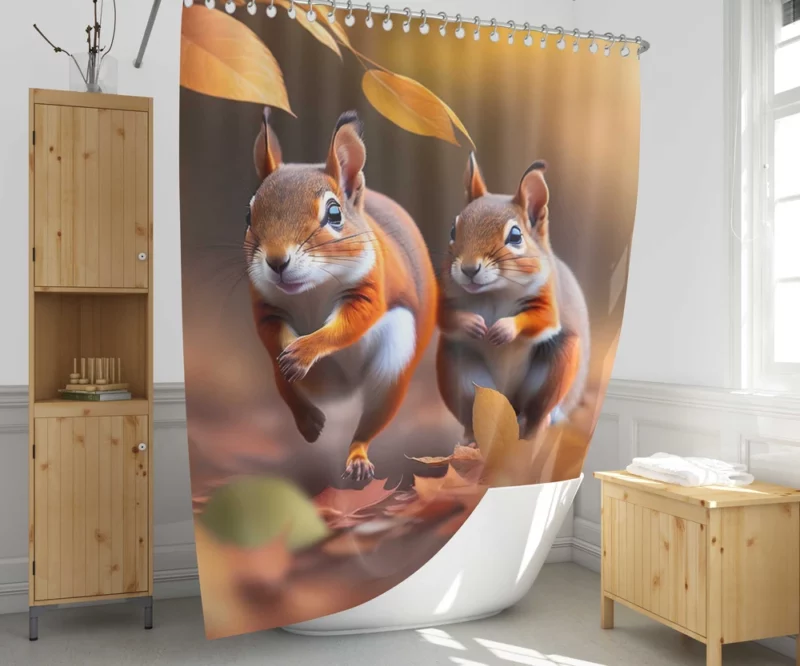 Playful Squirrels Amidst Fallen Leaves Shower Curtain 1