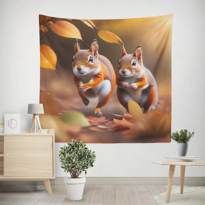 Playful Squirrels Amidst Fallen Leaves Wall Tapestry