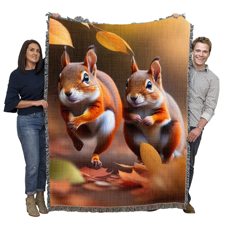 Playful Squirrels Amidst Fallen Leaves Woven Blanket