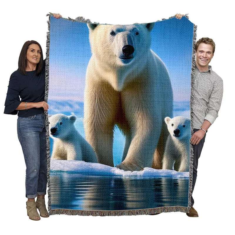 Polar Bear Family on Ice Woven Blanket