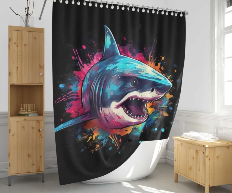 Pop Art Shark on Dark Background Shower Curtain 1