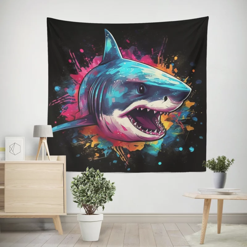 Pop Art Shark on Dark Background Wall Tapestry