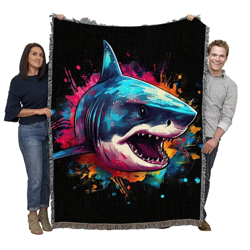 Pop Art Shark on Dark Background Woven Blanket