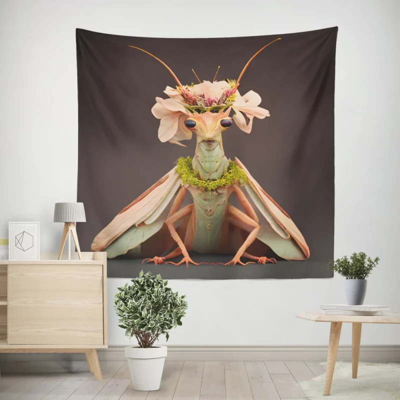 Praying Mantis With Floral Crown Wall Tapestry