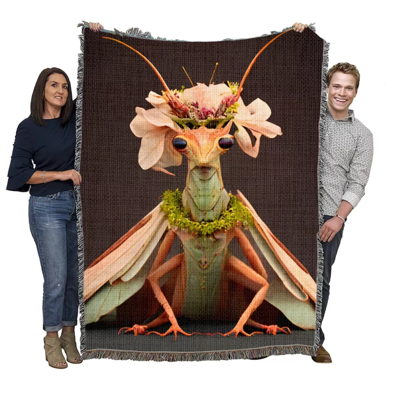 Praying Mantis With Floral Crown Woven Blanket