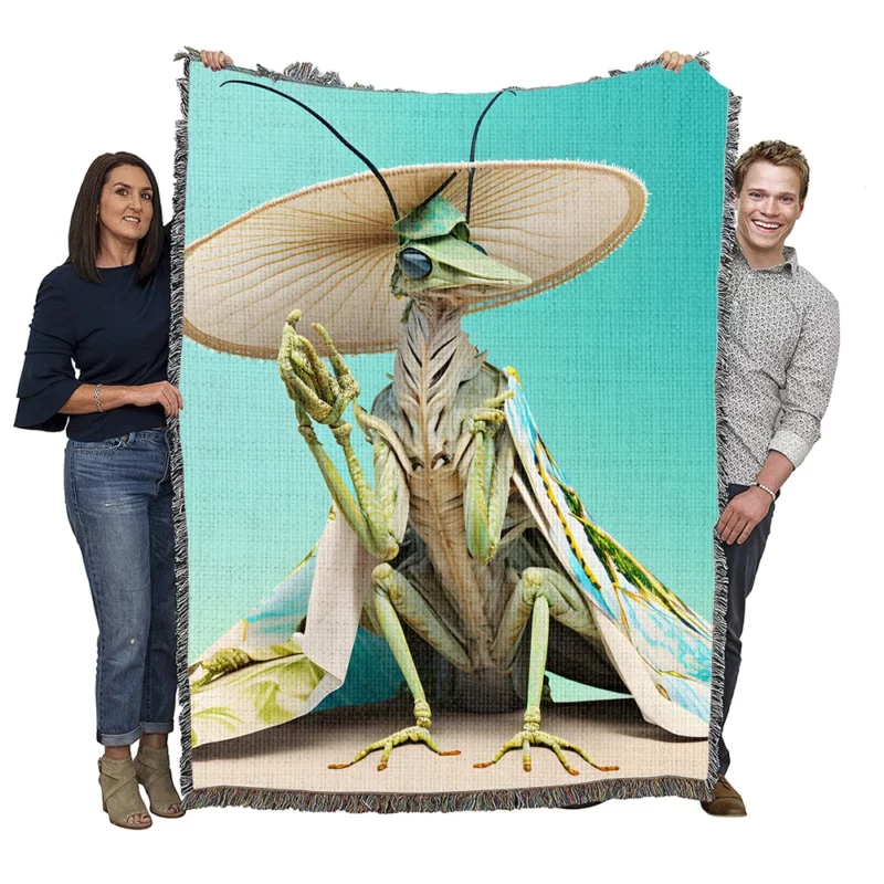 Praying Mantis With Flowers Woven Blanket