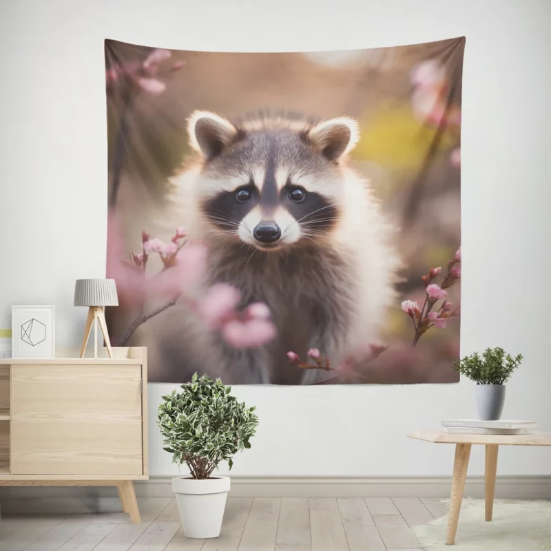 Raccoon Amidst Flowers Wall Tapestry
