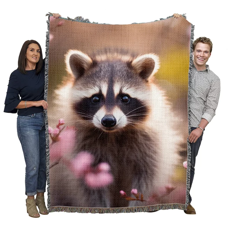 Raccoon Amidst Flowers Woven Blanket