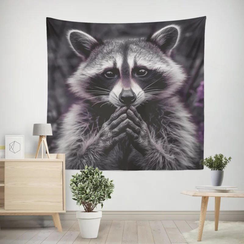 Raccoon Contemplation Among Purple Flowers Wall Tapestry