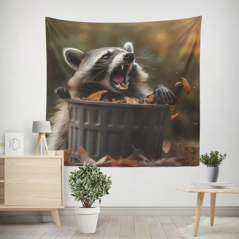 Raccoon and the Trash Can Autumn Encounter Wall Tapestry
