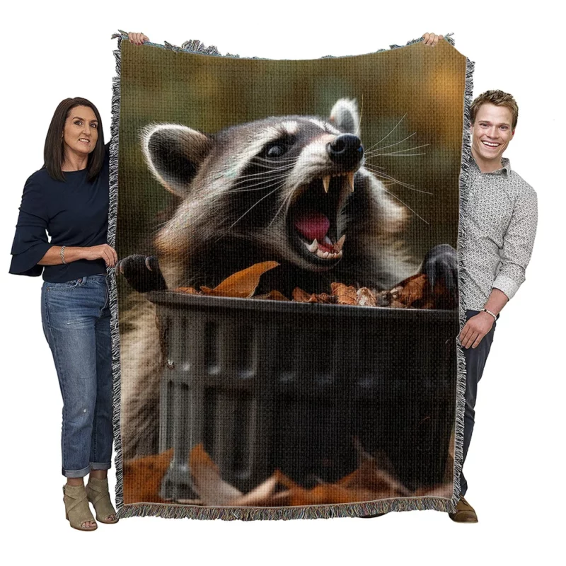 Raccoon and the Trash Can Autumn Encounter Woven Blanket