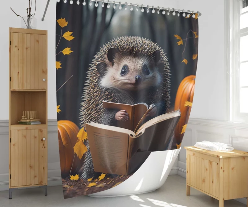 Reading Hedgehog Illustration Shower Curtain 1