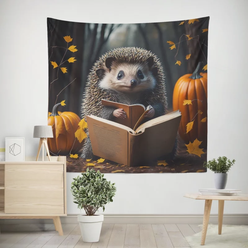 Reading Hedgehog Illustration Wall Tapestry