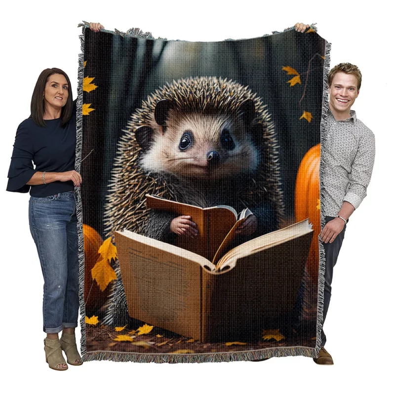Reading Hedgehog Illustration Woven Blanket